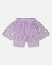 Load image into Gallery viewer, deux par deux Girls Crinkle Biker Short With Flower Mesh Skirt - Lilac With White Flowers
