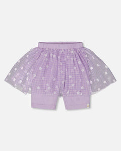 deux par deux Girls Crinkle Biker Short With Flower Mesh Skirt - Lilac With White Flowers