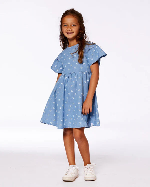 deux par deux Girls Printed Chambray Dress - Blue And White Cherries