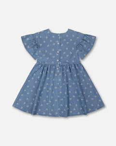deux par deux Girls Printed Chambray Dress - Blue And White Cherries