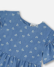 Load image into Gallery viewer, deux par deux Girls Printed Chambray Dress - Blue And White Cherries
