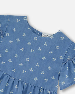 deux par deux Girls Printed Chambray Dress - Blue And White Cherries