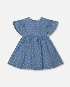 deux par deux Girls Printed Chambray Dress - Blue And White Cherries