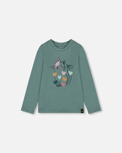 deux par deux Girls Organic Cotton T-Shirt - Sage With Cat