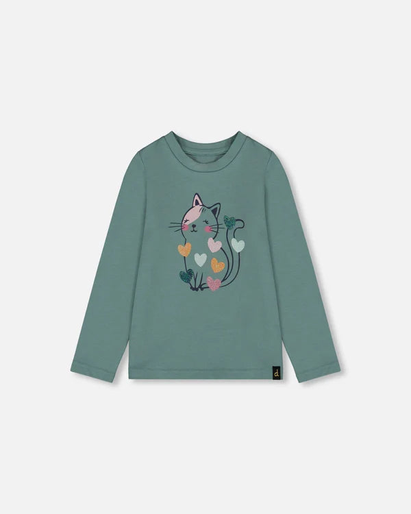 deux par deux Girls Organic Cotton T-Shirt - Sage With Cat