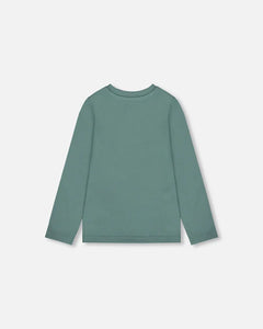 deux par deux Girls Organic Cotton T-Shirt - Sage With Cat