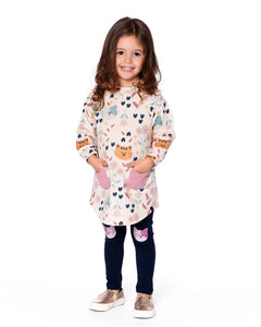 deux par deux Girls Glittering French Terry Dress - Beige Printed Cat