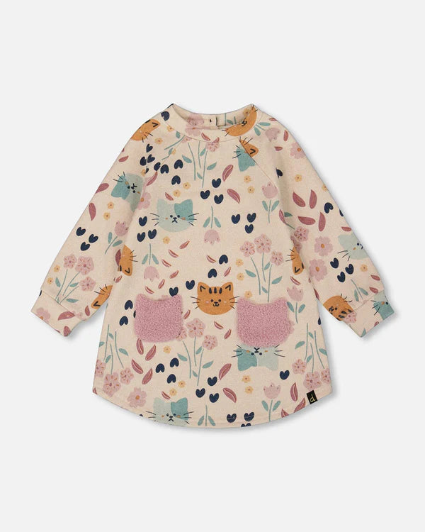deux par deux Girls Glittering French Terry Dress - Beige Printed Cat