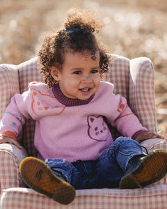 deux par deux Girls Knit Jacquard Sweater Dusty Pink With Cats