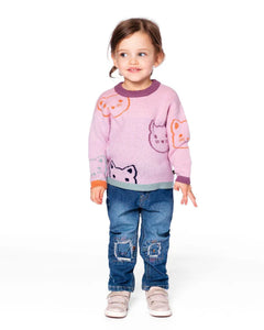 deux par deux Girls Knit Jacquard Sweater Dusty Pink With Cats