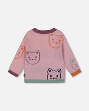 Load image into Gallery viewer, deux par deux Girls Knit Jacquard Sweater Dusty Pink With Cats
