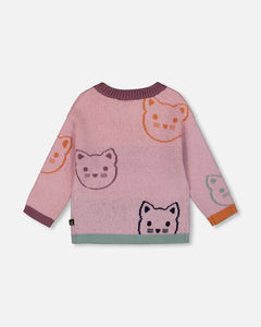 deux par deux Girls Knit Jacquard Sweater Dusty Pink With Cats