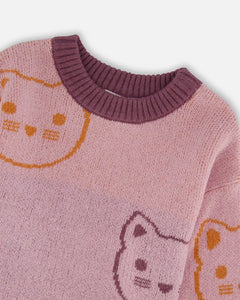 deux par deux Girls Knit Jacquard Sweater Dusty Pink With Cats