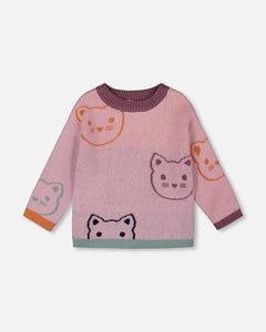 deux par deux Girls Knit Jacquard Sweater Dusty Pink With Cats