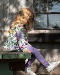 deux par deux Girls Leggings - Purple Gray With Floral Detail