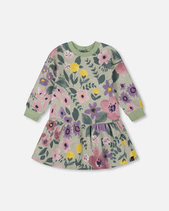 deux par deux Girls Stretch Fleece Dress Sage Floral