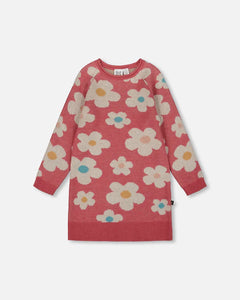 deux par deux Girls Knitted Dress With Flower Jacquard Old Pink And Beige