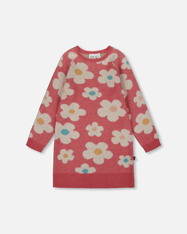 deux par deux Girls Knitted Dress With Flower Jacquard Old Pink And Beige