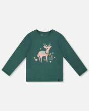 Load image into Gallery viewer, deux par deux Girls Organic Cotton Long Sleeve Deer T-Shirt - Dark Green
