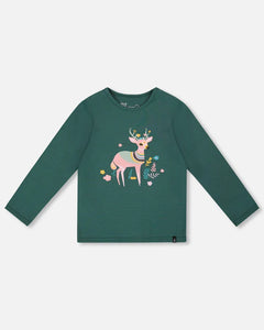 deux par deux Girls Organic Cotton Long Sleeve Deer T-Shirt - Dark Green