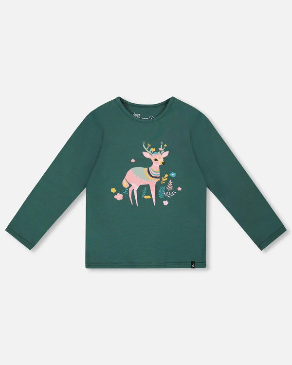 deux par deux Girls Organic Cotton Long Sleeve Deer T-Shirt - Dark Green