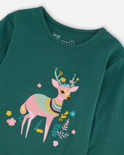 Load image into Gallery viewer, deux par deux Girls Organic Cotton Long Sleeve Deer T-Shirt - Dark Green

