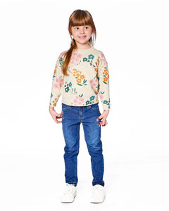 deux par deux Girls Knitted Sweater Heather Beige Gray With Floral Print