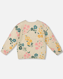 deux par deux Girls Knitted Sweater Heather Beige Gray With Floral Print