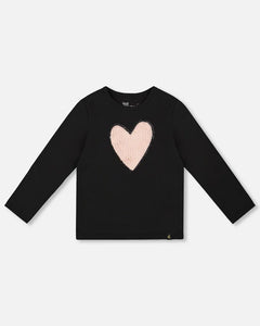 deux par deux Girls Organic Cotton Long Sleeve T-Shirt - Black With Heart