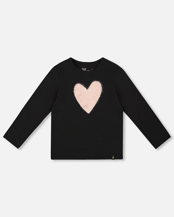 deux par deux Girls Organic Cotton Long Sleeve T-Shirt - Black With Heart