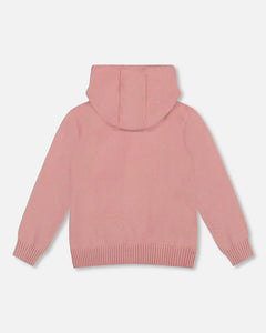 deux par deux Girls Hooded Knit Cardigan Dusty Pink With Unicorn Intarsia