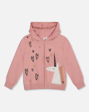 Load image into Gallery viewer, deux par deux Girls Hooded Knit Cardigan Dusty Pink With Unicorn Intarsia
