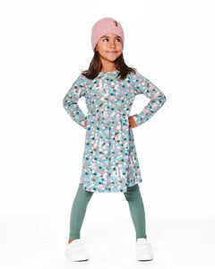 deux par deux Girls Half Button Organic Cotton Dress Blue Llama Print