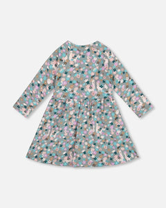 deux par deux Girls Half Button Organic Cotton Dress Blue Llama Print