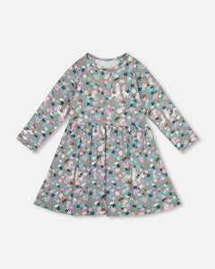 deux par deux Girls Half Button Organic Cotton Dress Blue Llama Print