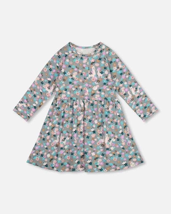 deux par deux Girls Half Button Organic Cotton Dress Blue Llama Print