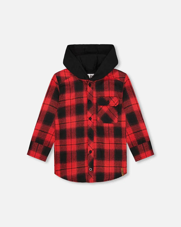 deux par deux Boys Plaid Flannel Shirt With Hoodie - Red And Black