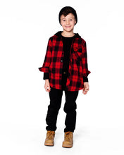 Load image into Gallery viewer, deux par deux Boys Plaid Flannel Shirt With Hoodie - Red And Black
