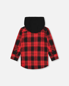 deux par deux Boys Plaid Flannel Shirt With Hoodie - Red And Black