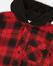 Load image into Gallery viewer, deux par deux Boys Plaid Flannel Shirt With Hoodie - Red And Black
