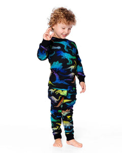 deux par deux Boys Two-Piece Organic Cotton Pajama Set Black Dinosaur Print