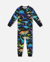 Load image into Gallery viewer, deux par deux Boys Two-Piece Organic Cotton Pajama Set Black Dinosaur Print
