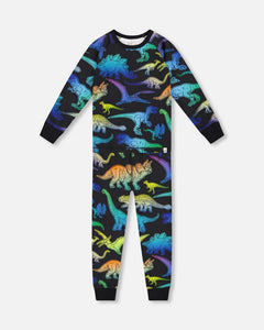 deux par deux Boys Two-Piece Organic Cotton Pajama Set Black Dinosaur Print