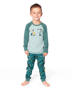 deux par deux Boys Two-Piece Organic Cotton Pajama Set Teal Construction Print