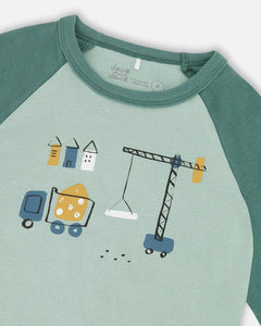 deux par deux Boys Two-Piece Organic Cotton Pajama Set Teal Construction Print