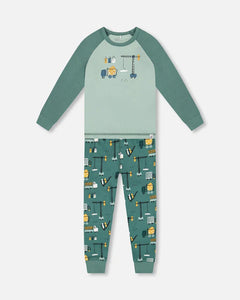 deux par deux Boys Two-Piece Organic Cotton Pajama Set Teal Construction Print