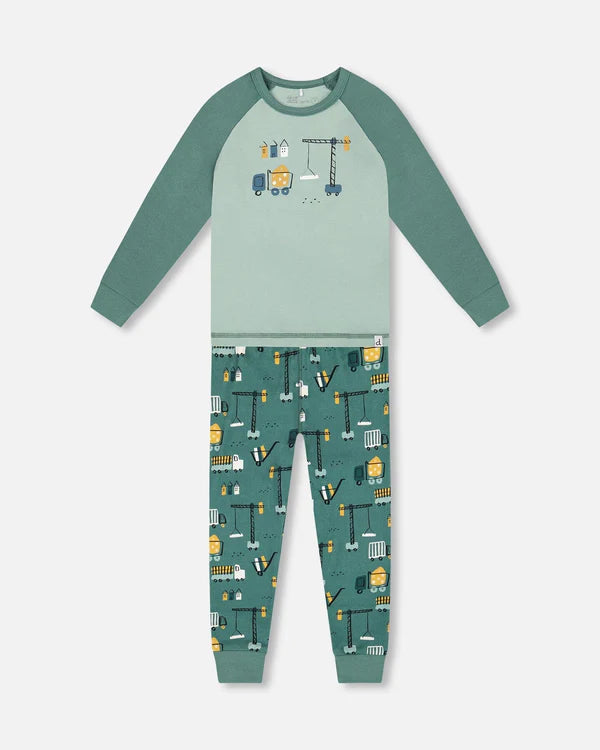 deux par deux Boys Two-Piece Organic Cotton Pajama Set Teal Construction Print