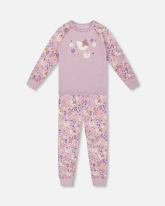 deux par deux Girls Organic Cotton Two-Piece Pajamas Lilac Cat Print