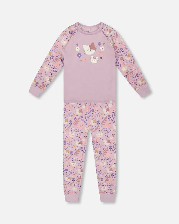 deux par deux Girls Organic Cotton Two-Piece Pajamas Lilac Cat Print