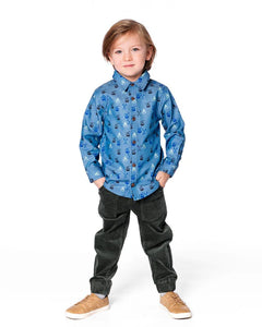 deux par deux Boys Printed Long Sleeve Chambray Ski Shirt